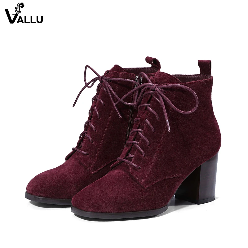 

High Heel Ankle Boots For Women British Style Winter Nubuck Leather Lace-Up Lady Booties Zip Fashion Casual Female Brand Shoes