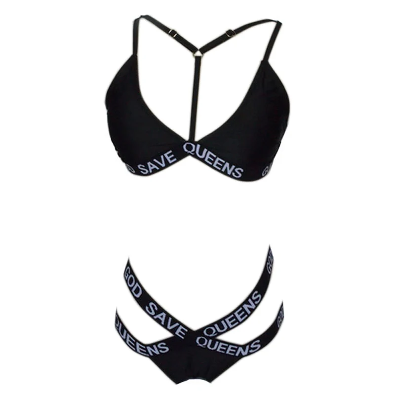 2017 Women Swimsuit Bandage GOD SAVE QUEENS Letter Printed Bikinis Women Sexy Active Bathing