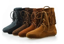 Плюс Размер US4-US9.5 EUR 40 41 42 женские Кожаные Плоские Пятки Fringe Мокасины Круглый Носок Ботильоны Обувь Laides сапоги