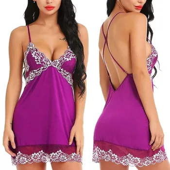 

New Women Plus Size Sleeveless Mini Lingerie Dress Backless Cross Nightgown Floral Lace Patchwork Solid Color V-Neck Sleepwear