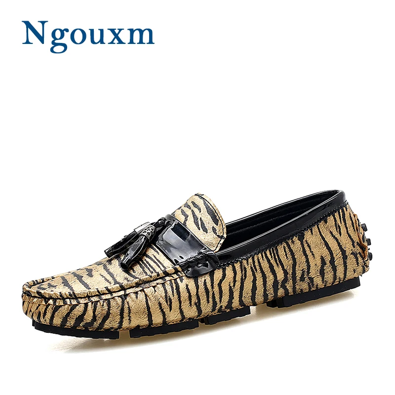 

Ngouxm Spring Autumn Men Loafers Casual Leather Shoes Men's Flat Slip On Leopard fringe Wedding Party Male Footwear