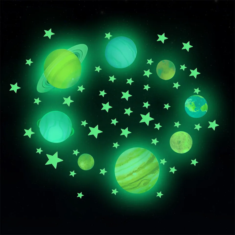1set Glow In The Dark Luminous Round Planets Star Pvc Wall Luminous Round Planets Star Pvc Wall