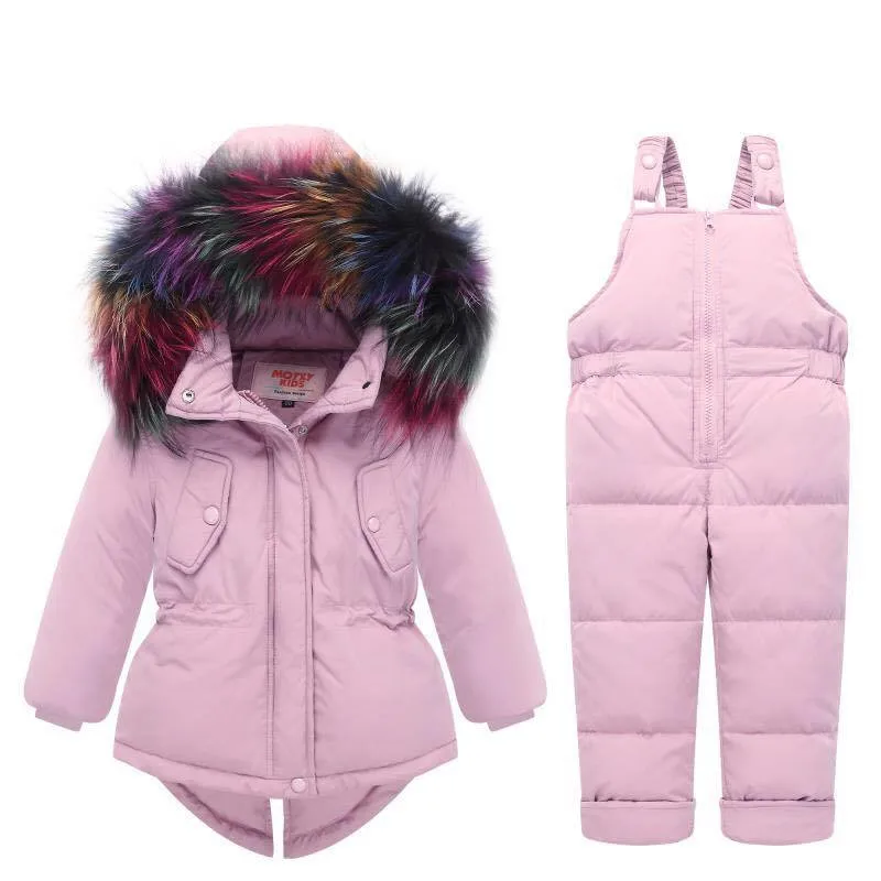 Зимний лыжный костюм для девочек комплект одежды для детей, детские пуховые куртки с капюшоном и натуральным мехом+ комбинезон, Детский Теплый ветрозащитный зимний комбинезон, P123