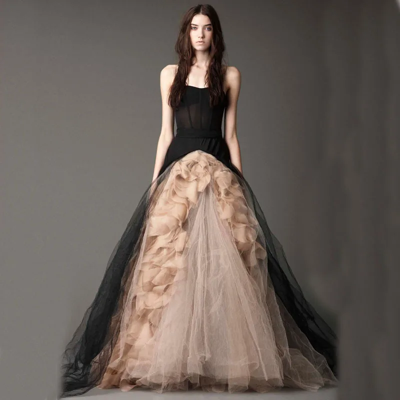 A Line Strapless Victorian Gothic Wedding Dress Ruffled Tulle