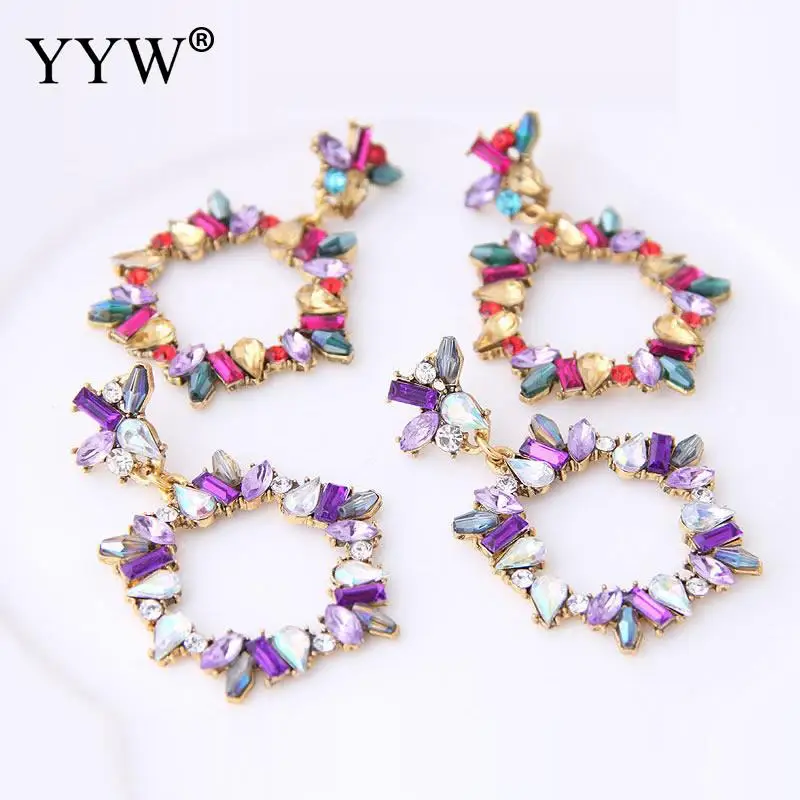 

Colorful Crystal Rhinestone Earrings Zinc Alloy Drop Earrings With Resin Rhinestone Gold Color Plated For Woman