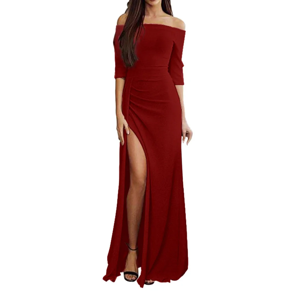 Женские платья с открытыми плечами, с высоким разрезом, макси, длинные платья для вечеринок, бодикон, длинное платье, весна-осень, женская одежда - Цвет: Красный
