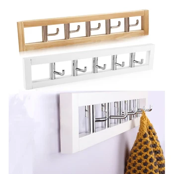 

wall mounted European Coat Hat Robe 5 Hook Stainless steel rotation Hooks Pine Wood Frame