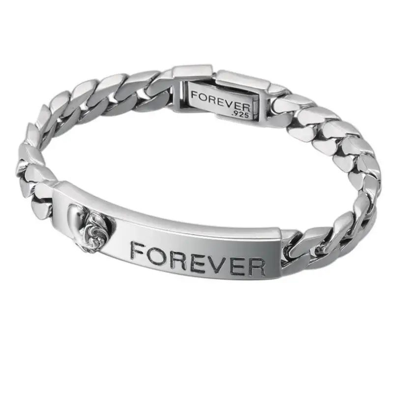 

S925 Sterling Silver Retro Bracelet Flat Wide Engraving Forever men's Silver 925 Bangle Bracelet (FGL)