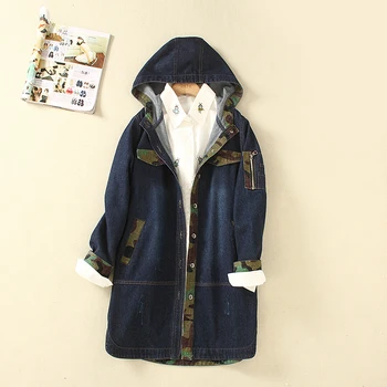 

2017 Female Autumn camouflage denim hooded jacket Women Oversized Jean Outerwear Coats Vintage Long Warm Windbreaker 093005
