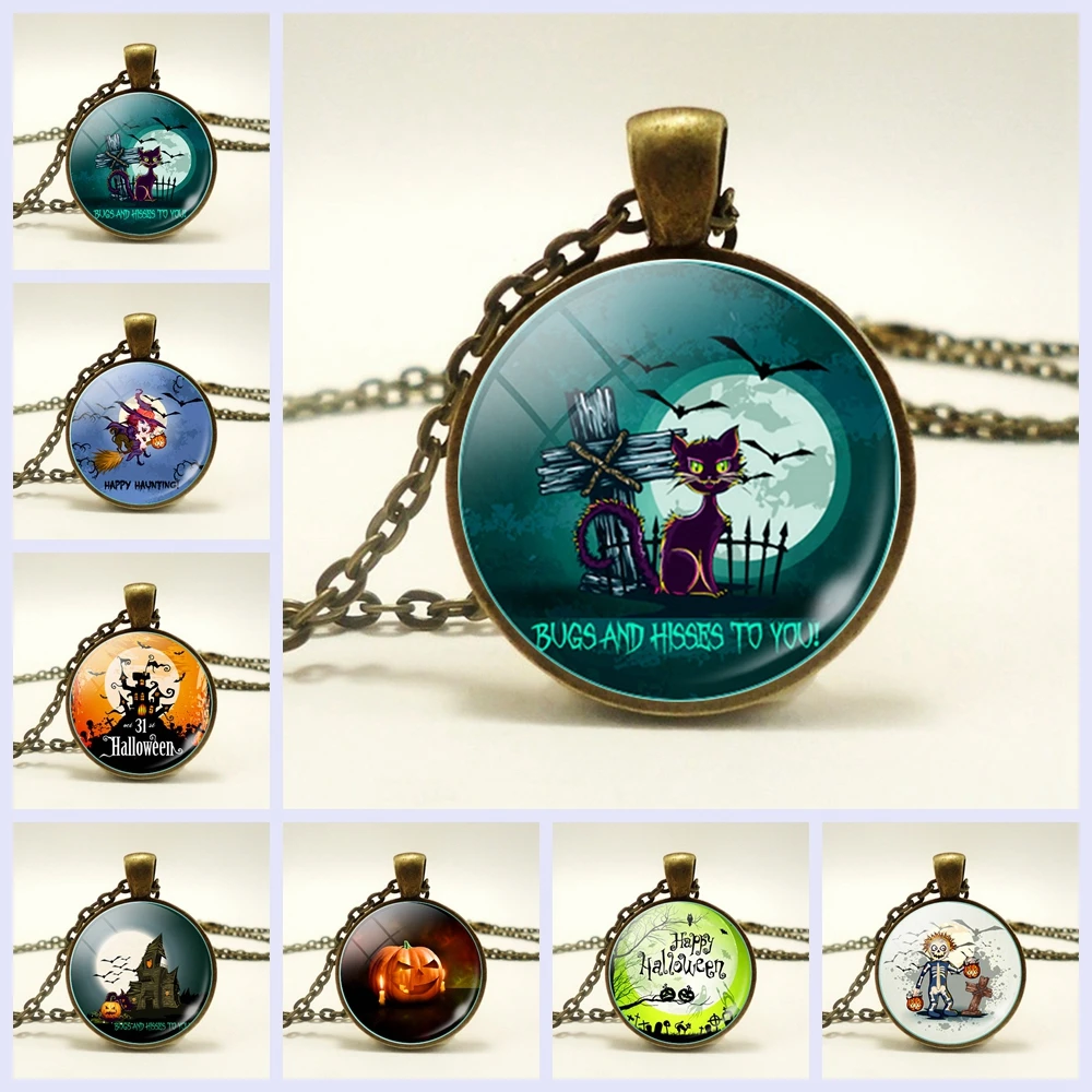 

Bronze Color Chain Necklace Gothic Style Halloween Black Cat Witch Bat Glass Pendant Necklace Women Fashion Jewelry Gift