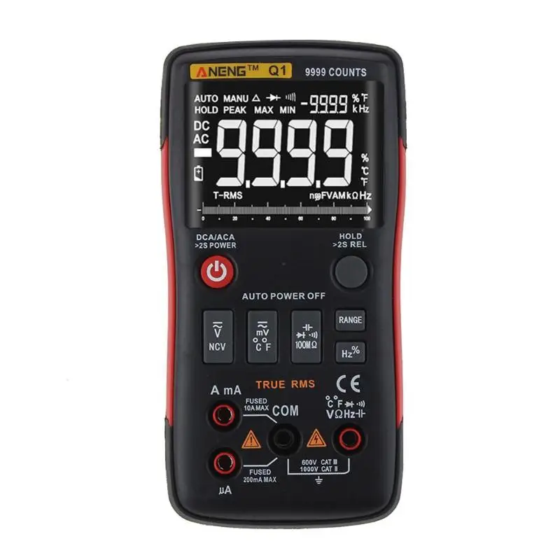 

Q1 True-RMS Digital Multimeter Auto Button 9999 Counts With Analog Bar Graph AC/DC Voltage Ammeter Current Ohm Transistor Tester