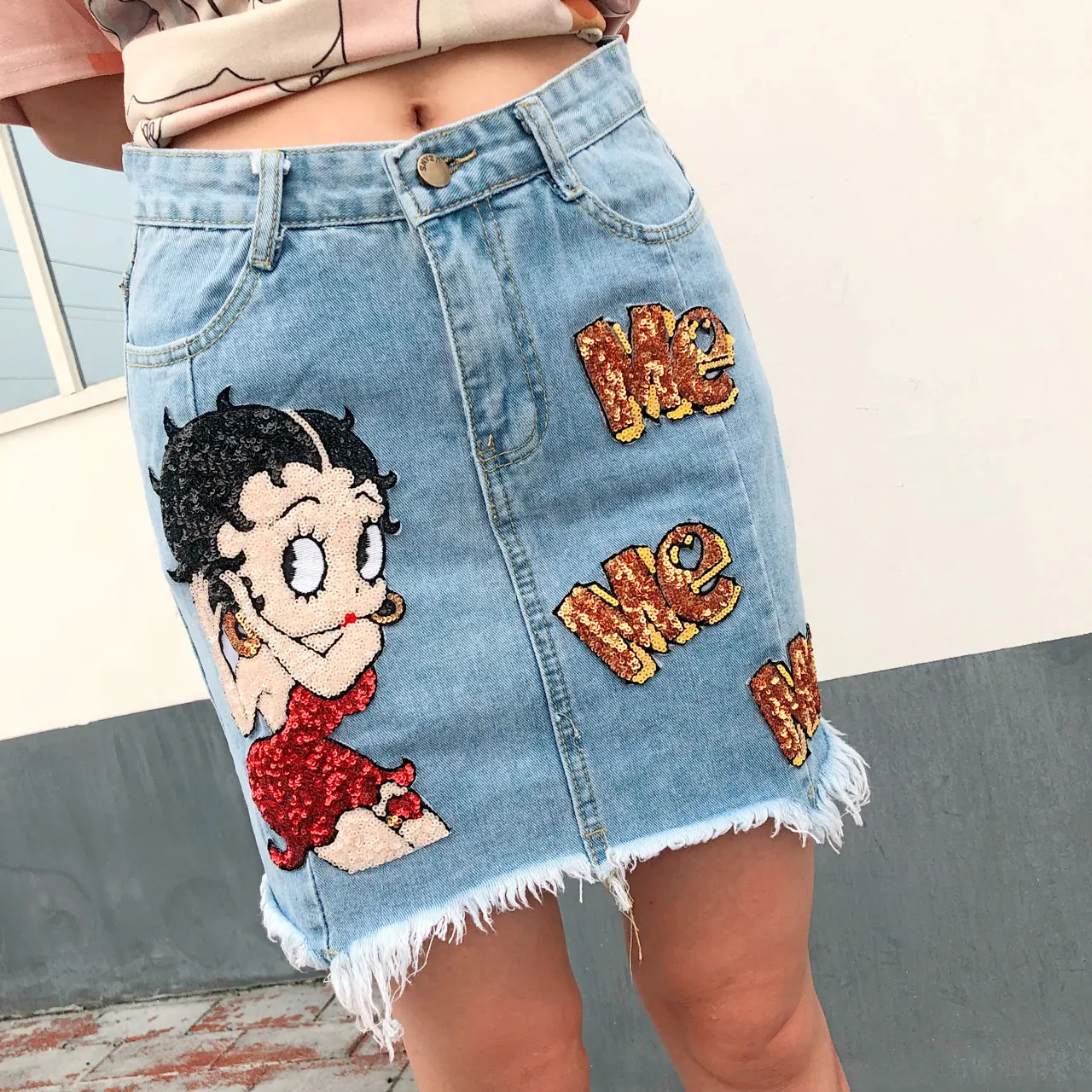 

European station Thailand street fashion 2019 summer new cartoon sequins washed slim bag hip fashion denim skirt