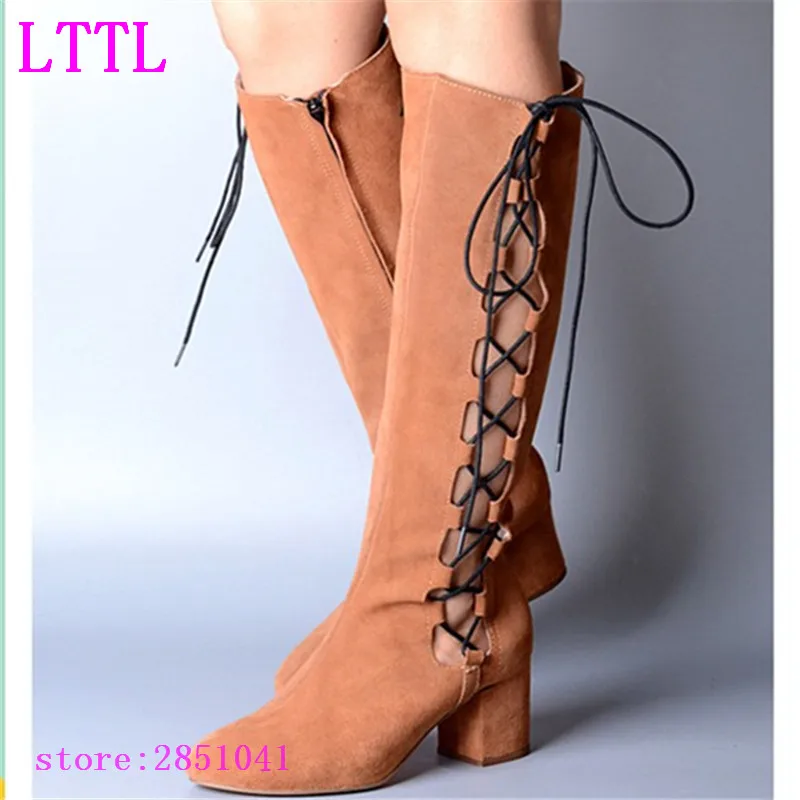 Cross Tied Lace Up Boots Women Knee thigh High Heels Shoes Women Cut Out Boots Breathnable Summer Spring Autum Boots Sandals