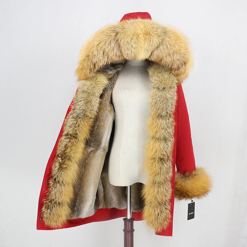 Водонепроницаемая парка OFTBUY, пальто с натуральным мехом, зимняя куртка для женщин, Воротник из натурального Лисьего меха, капюшон, подкладка из натурального кроличьего меха, теплая уличная одежда, новинка - Цвет: red gold