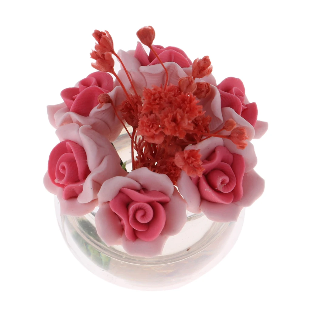 1/12 Dollhouse Miniature Layout Mini Red Plant Rose Flower with Plastic Vase Arrangement Doll House Decor Ornament Accessories