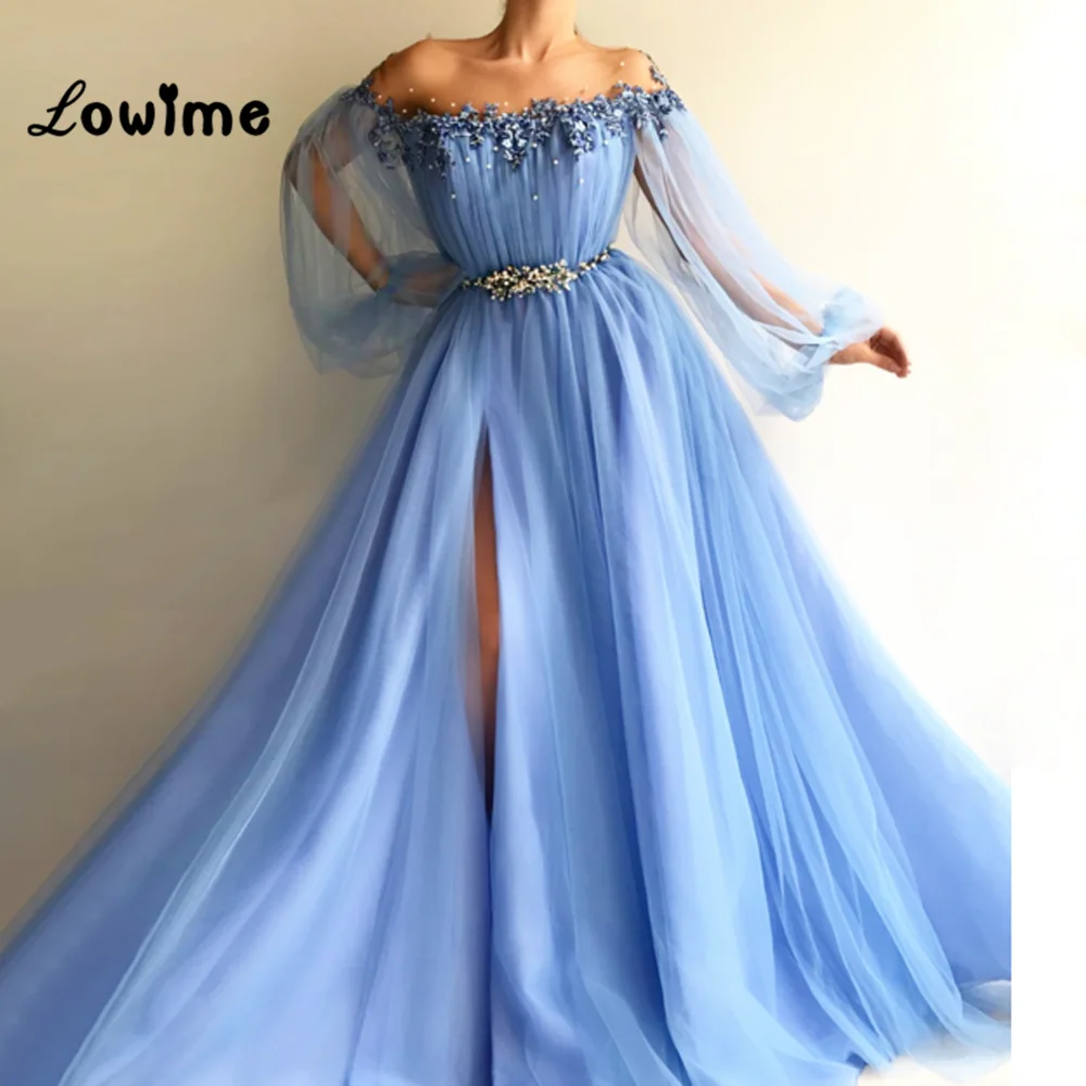 Blue Prom Dresses Pearls Puffy Sleeves Formal Evening Gown Illusion