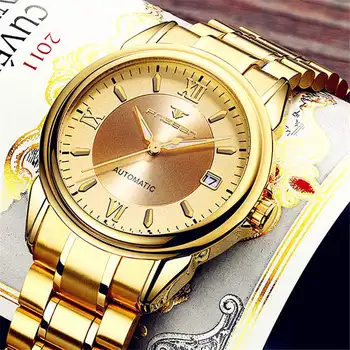 

FNGEEN Watch Mechanical Automatic Watches Gold Stainless Steel Men Wristwatch Transparent Skeleton Dial Mens Clock Brand Luxury