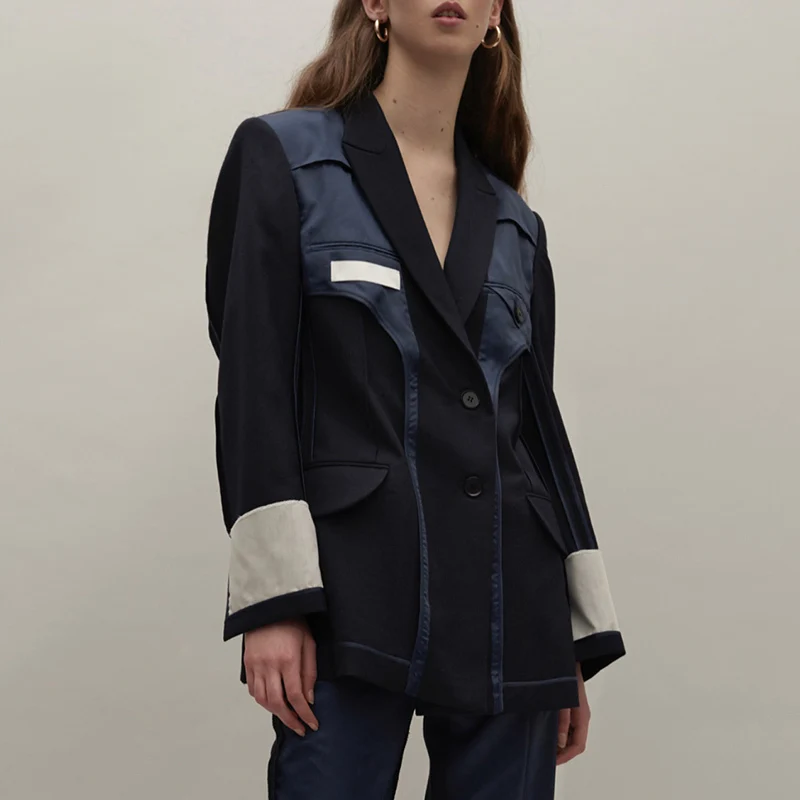 TWOTWIN стильный лоскутный женский Блейзер Куртка с лацканами длинный рукав Пиджаки Пальто Топы Женская модная одежда английский стиль осень