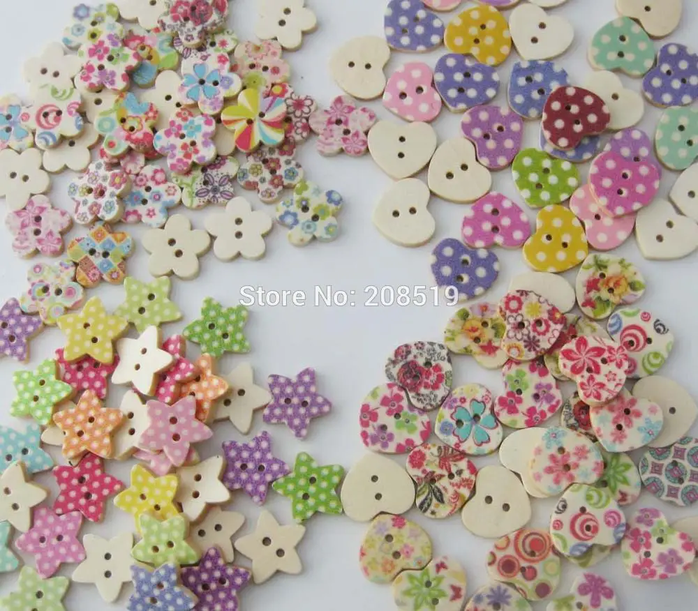 

WBNVOV 18MM wooden Buttons star/floral/heart printed Mix 100pcs Decorative scrapbooking button