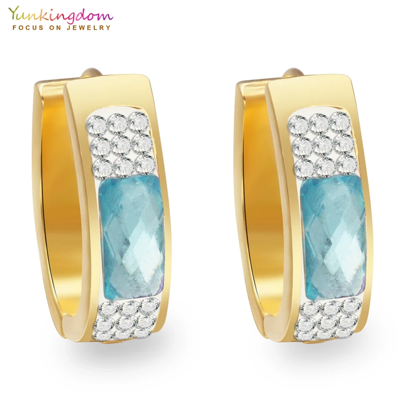 

Yunkingdom light blue crystal rhinestone punk hoop earrings for women ladies fashion jewelry stainless steel earring UE0076
