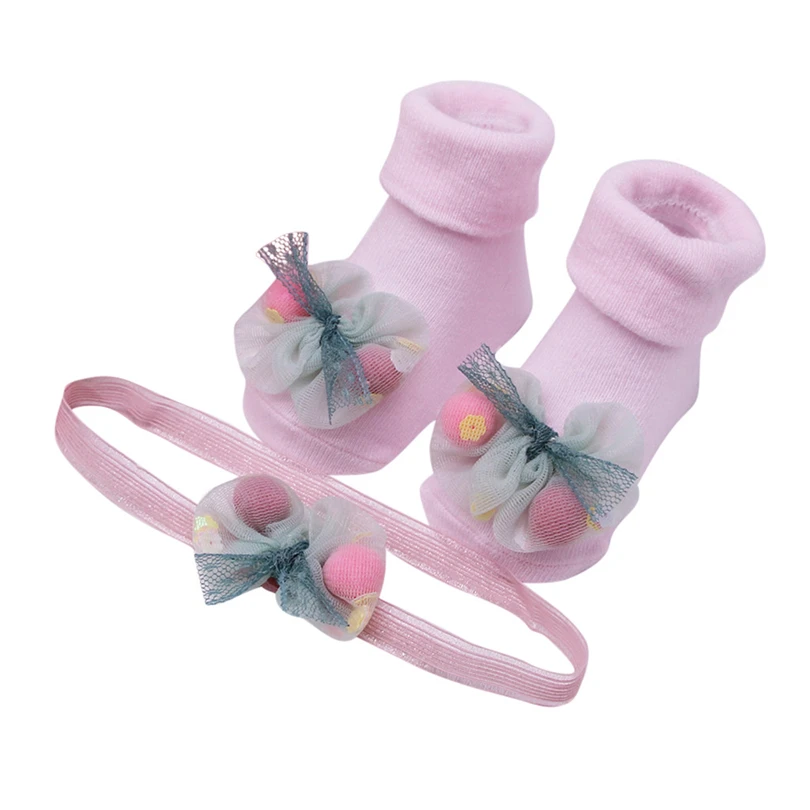 

Infant Baby Girls Infant Solid Color Lace Hairball Applique Anti-slip Terry Socks For Girl + Hair Belt Set 0-2 Years Old A20
