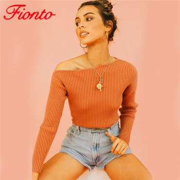 

Autumn Winter Women Knitted Sweater 2019 Solid Color Slash Neck Slim Casual Long Sleeve Ladies Pullovers Knit Sweaters AN1131