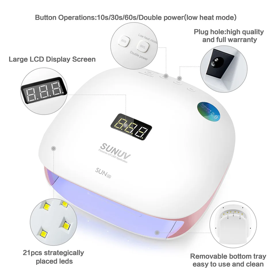 

MIQMI SUNUV SUN4S LED Lamp UV 48W Nail Dryer LCD Display Bottom Tray Sensor 36 LEDS For Manicure Gel Polish Nail Art Salon Pink