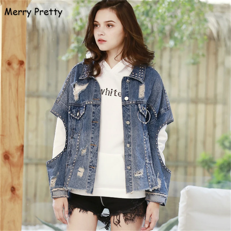 Merry Pretty женская джинсовая куртка с заклепками и дырками, осень, джинсовая куртка с длинным рукавом и отложным воротником и карманами, верхняя одежда