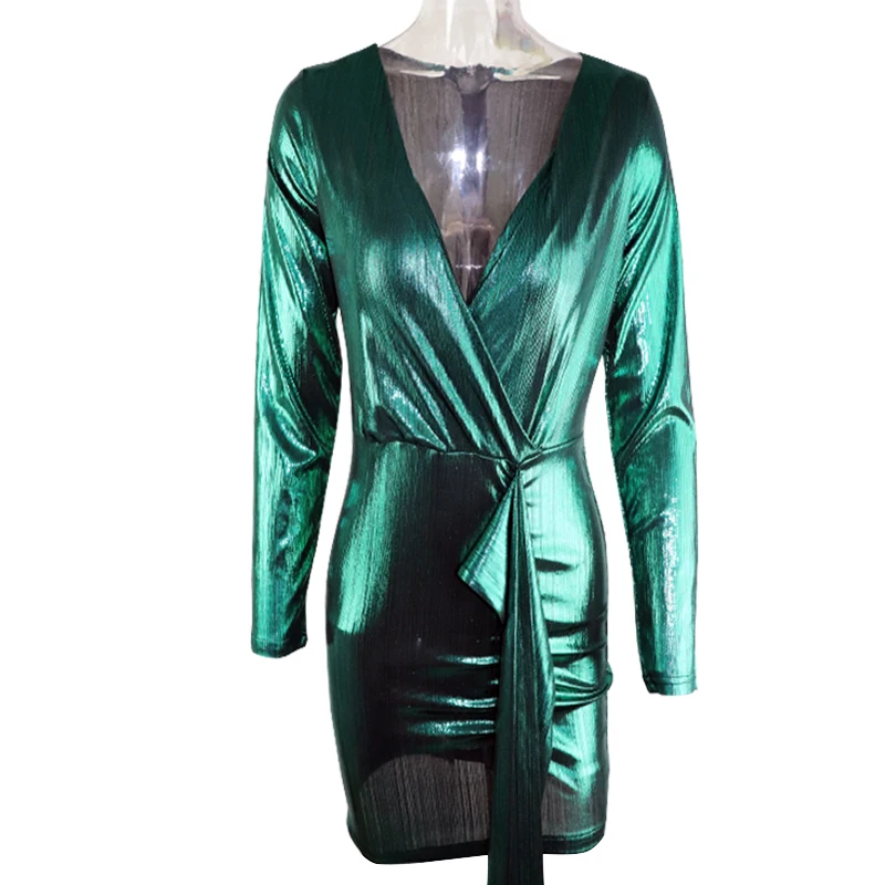 Зеленое платье, женское сексуальное Клубное платье,, облегающее, облегающее, вечерние, для ночного клуба, мини платье, Vestido, яркое, v-образный вырез, сексуальное платье с длинным рукавом