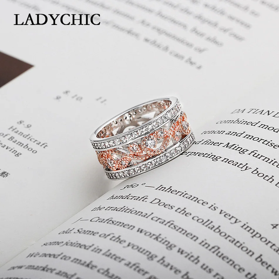 

LADYCHIC Unique Design Hollow Rose Gold & Silver Color Ring Women Personality Elegant Cubic Zirconia Wedding Rings Gift LR1085