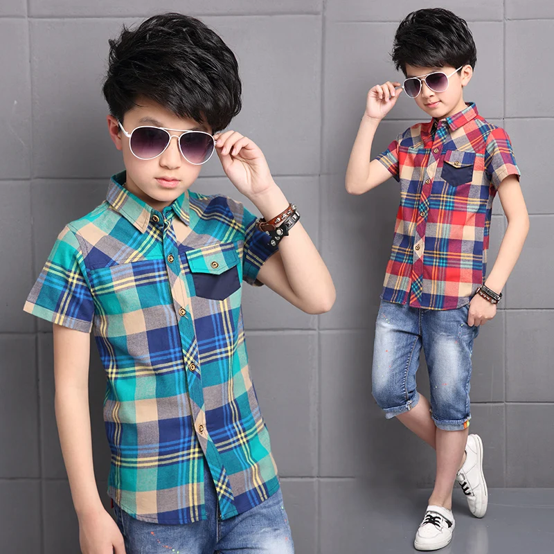 

3 to 16 year Summer In the big boy shirt Clothes Student dress Casual Turn-down plaid Blouses for Child Boy Short sleeves Shirts