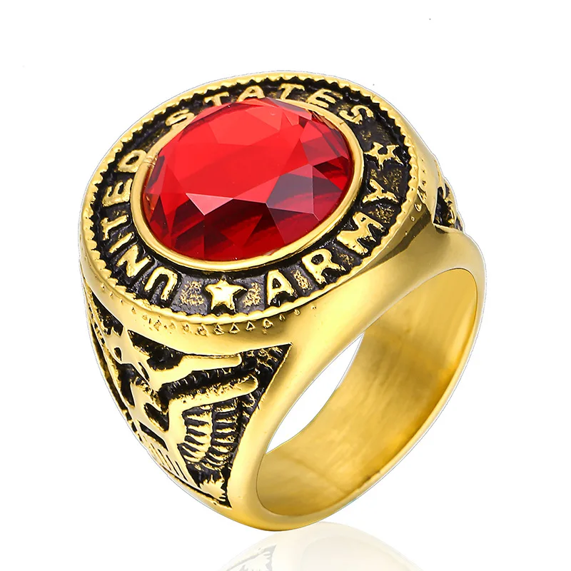 

Hip Hop Gold Color US Army Sign Round Eagle Ring With Red Stone Chunky Titanium Stainless Steel Rings for Men Jewelry Size 8-15