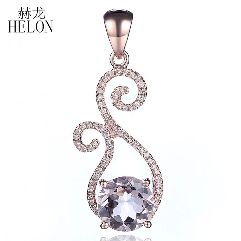

HELON Solid 14K Rose Gold 8.5mm Round Genuine Morganite Real Natural Diamonds Gemstone Wedding Pendant Women New Charm Jewelry