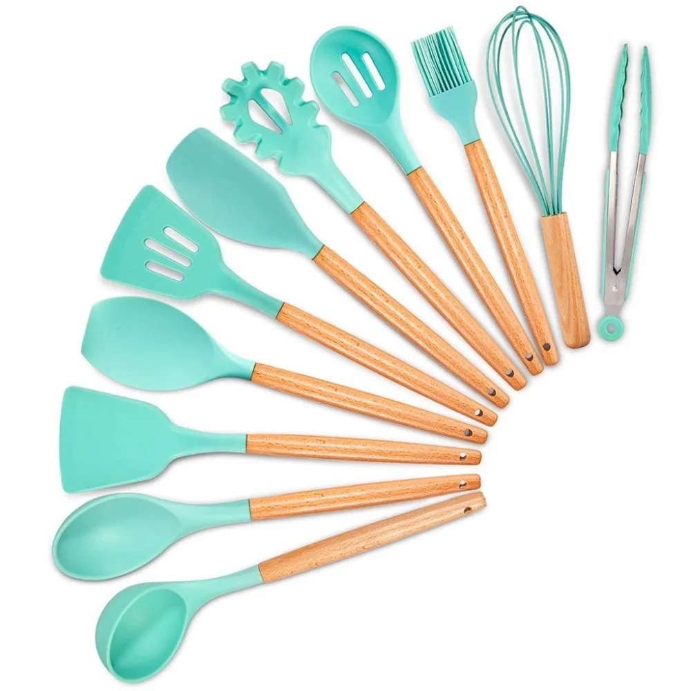 

Silicone Cooking Tools 11 Piece Set Handle Kitchen Shovel Spoon Tool Non-Stick Shovel Spoon Wooden grip Kitchen Accessories Set