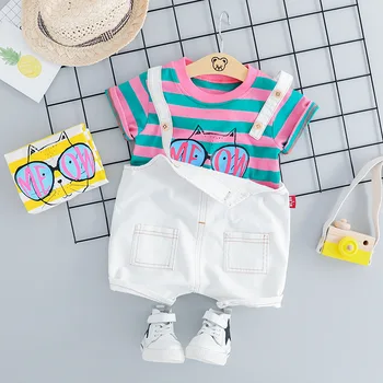 

Fashion Japan Korea style stripe cotton tops overalls boutique girl clothing set