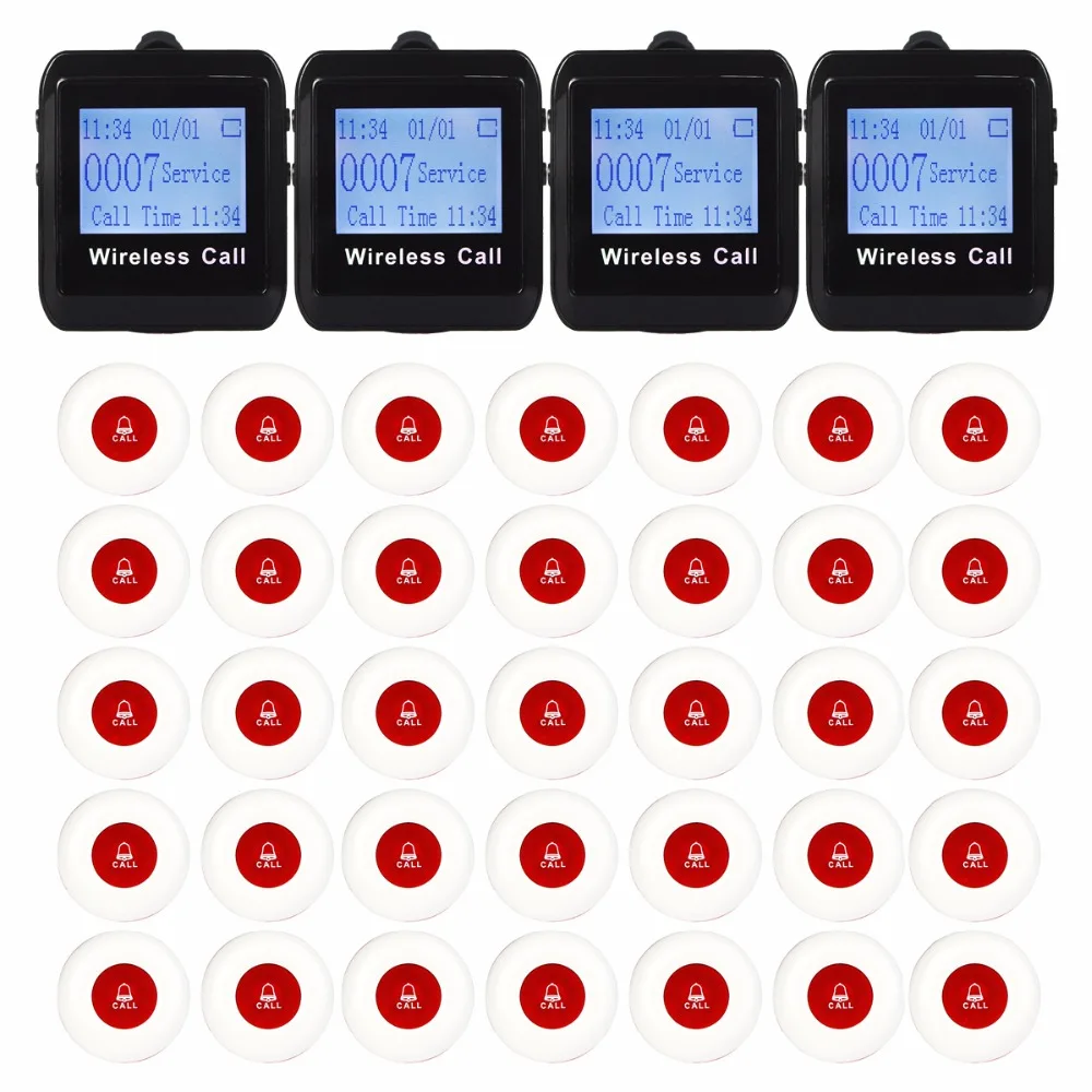 

4 Watch Pager Receiver + 35 Call Button 433MHz Wireless Calling Paging System Guest Call Pager Restaurant Equipment F3258
