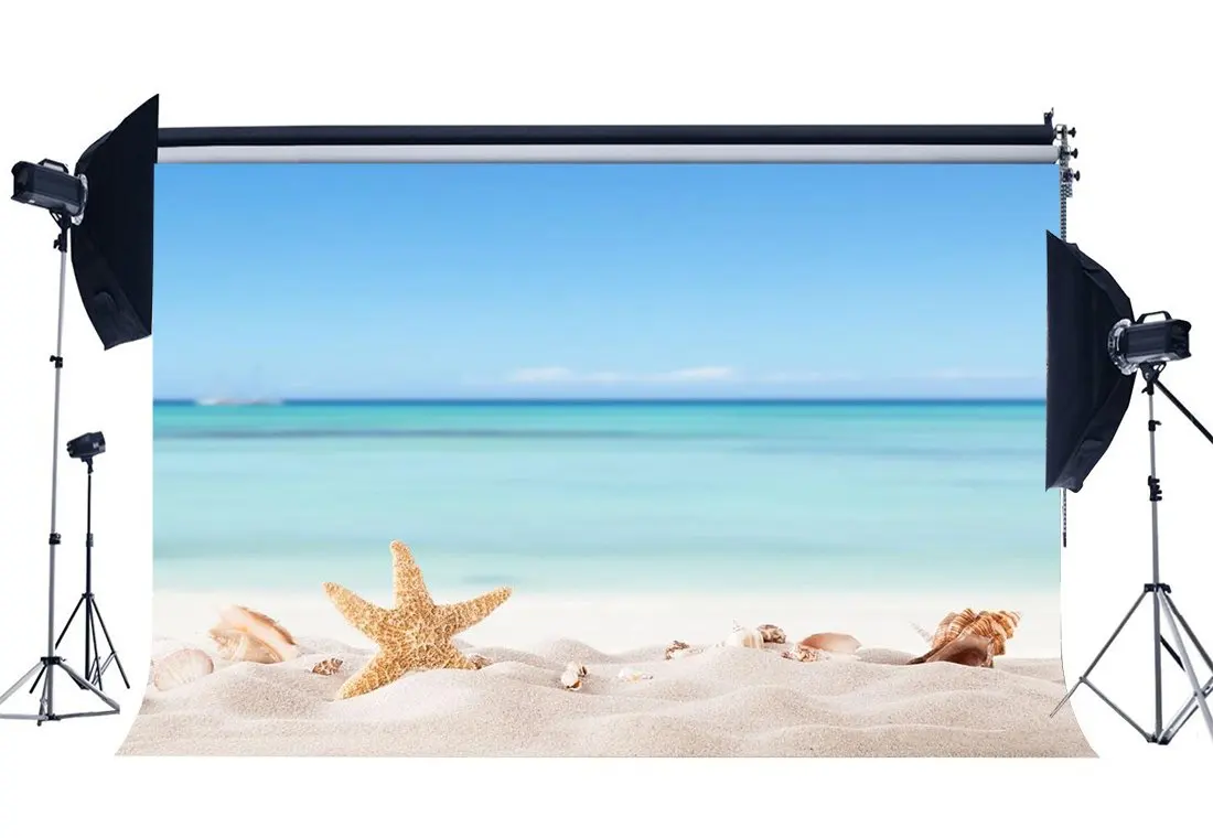 

Seaside Sand Beach Backdrop Starfish Shells Blue Sky White Cloud Nature Summer Journey Ocean Sailing Background