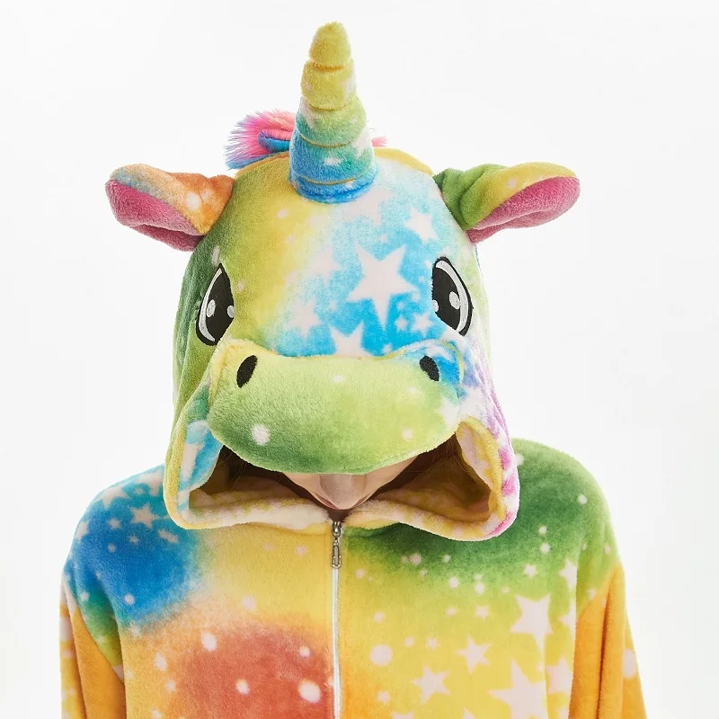2018 зима Радуга звезды Единорог Onesie для взрослых женщин мультфильм кигуруми
