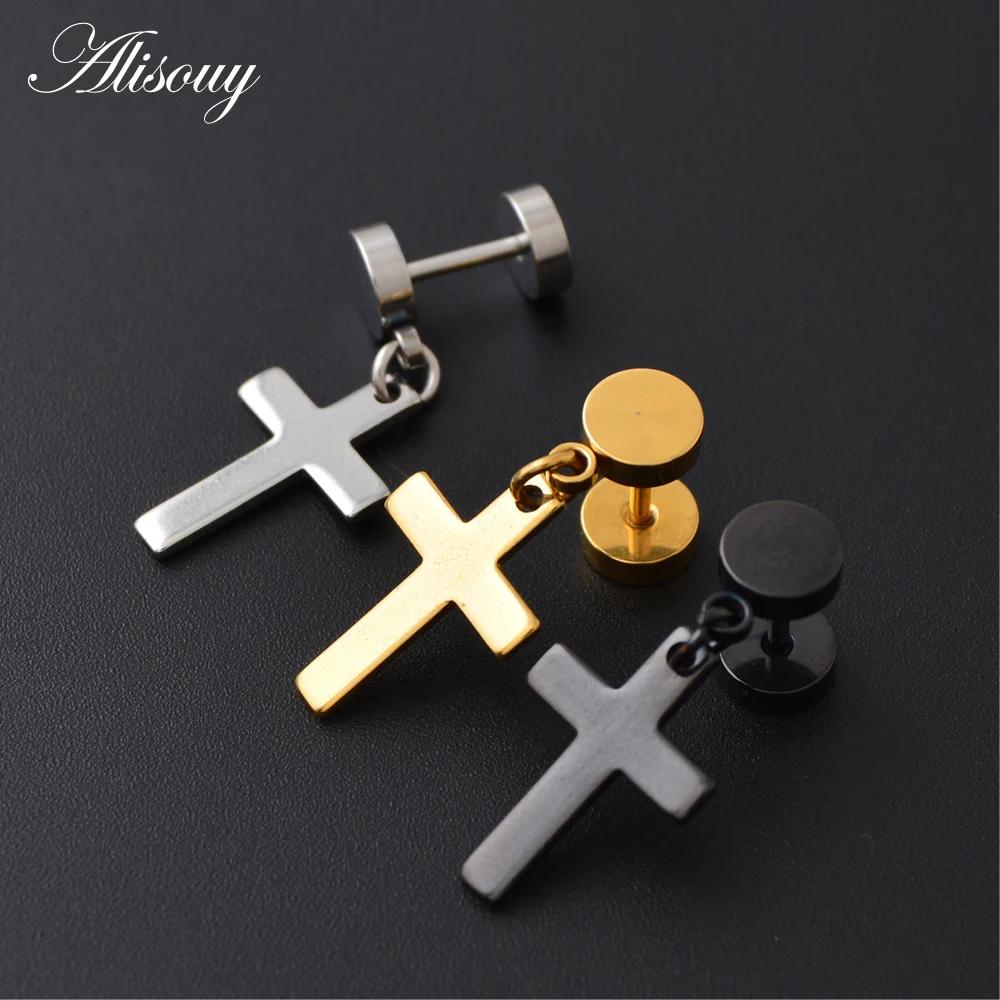 Alisouy Barbell Style Cross Hanging White Black Gold Color Stainless Steel Female Male Stud Earrings Women Men Studs Earring - Image 2
