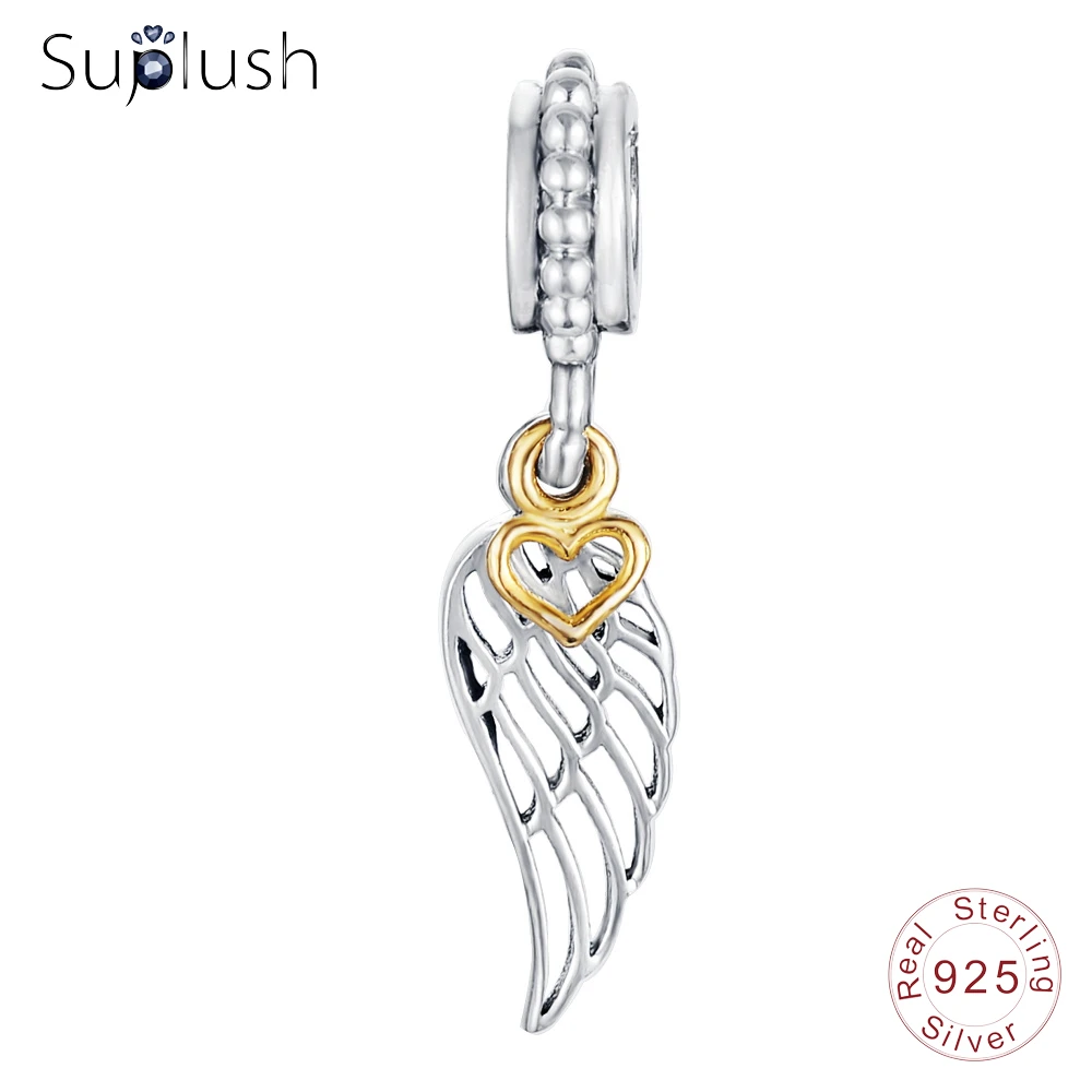 Suplush Silver Angle Wing With Gold Color Heart Dangle Charm Beads Fit Bracelet Pendant 925 Sterling Jewelry PSMB0307 |