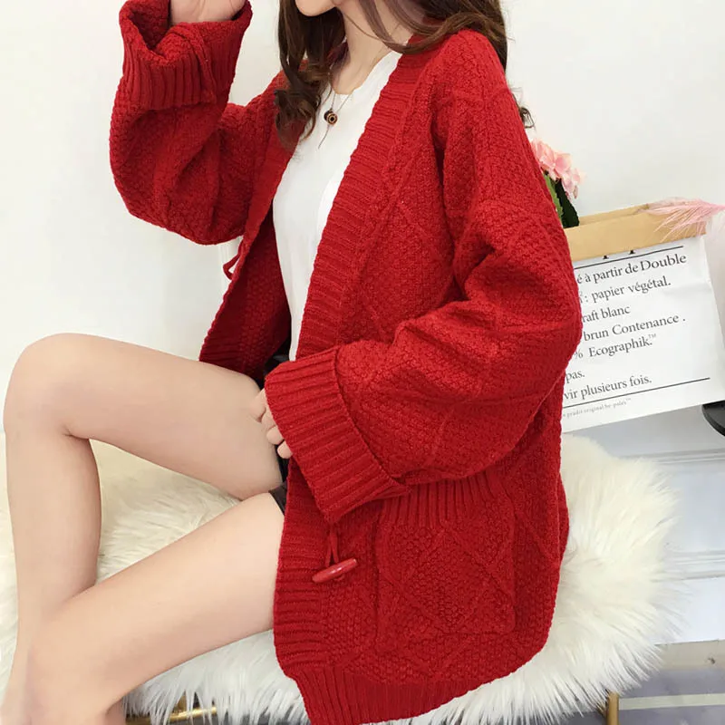 

Fashion 2019 Winter Women Oversize Knitting Solid Cardigan With Pockets Loose Causal Harajuki Knit Sweaters Coat Red Yellow