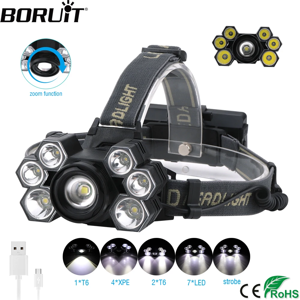 Best BORUiT 30000Lumens XML T6 XPE LED HeadLamp 5 Mode Zoomable Headlight USB Charger Head Torch Fishing Flashlight 18650 Battery