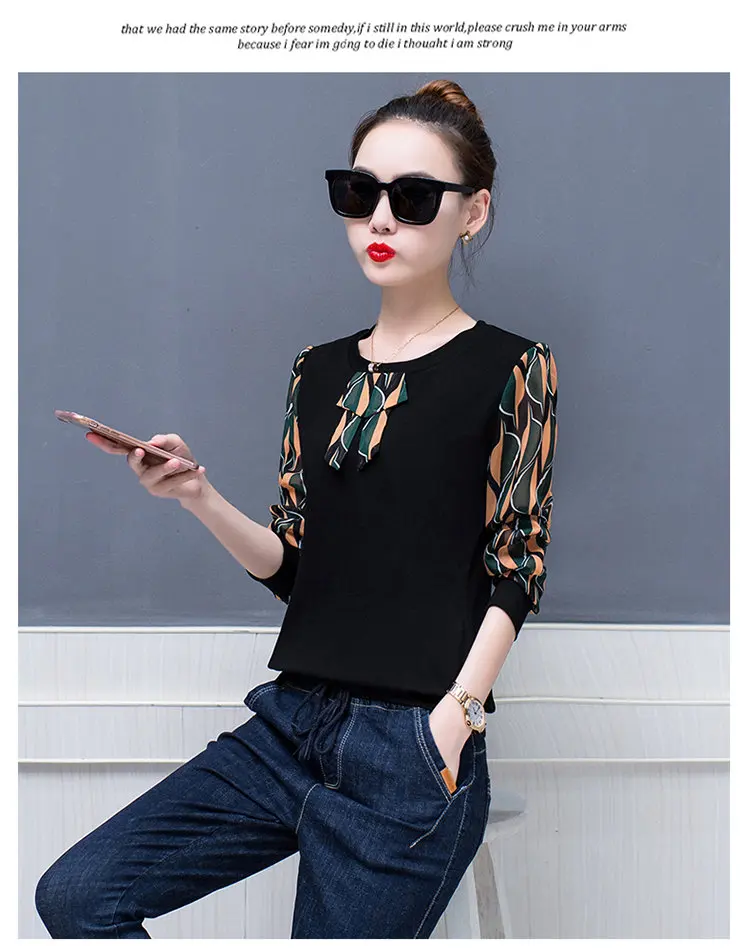 2019 Fall Patchwork Blouse Women Tops Plus Size Print Shirts Femme Tops Casual Ladies Shirts Bow Long Sleeve Blusas Mujer (9)