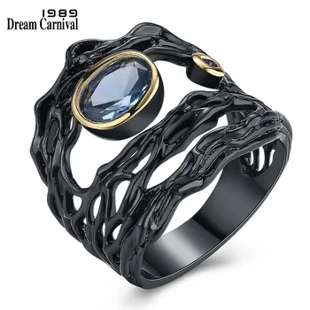 

DreamCarnival 1989 Neo-Gothic Series Hollow Sea Blue Zirconia Vintage Ring for Women Black Gold Color Braided Jewelry Drop Ship