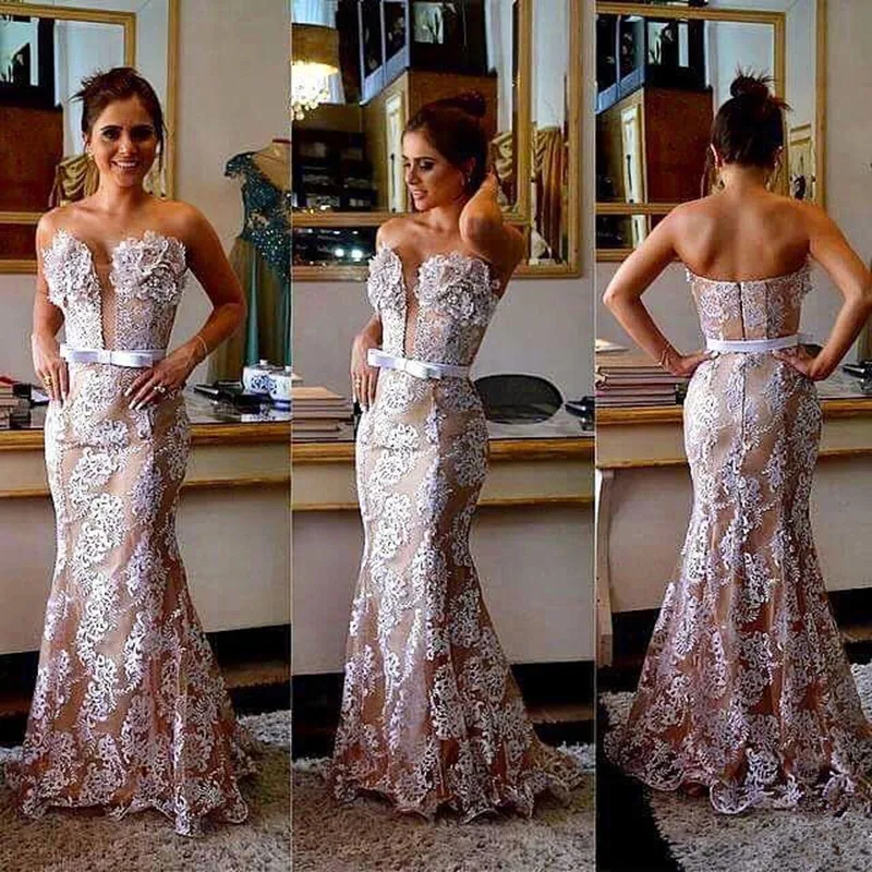 Очаровательная 2016 Новый Sexy Hot Summer Белый Кот Sash Аппликация кружева Русалка Пром