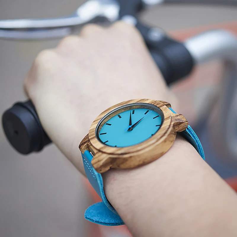 BOBO BIRD Lovers Watches Zebra Wooden Timepieces Turquoise Blue Wrist Watch Men Women Great Gift Relogio Masculino Drop Shipping