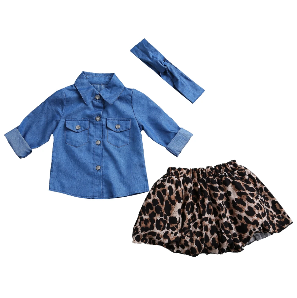 Модная женская синяя джинсовая рубашка с длинными рукавами для девочек, топы, леопардовая юбка, платье, повязка на голову, комплект одинаковой одежды для всей семьи
