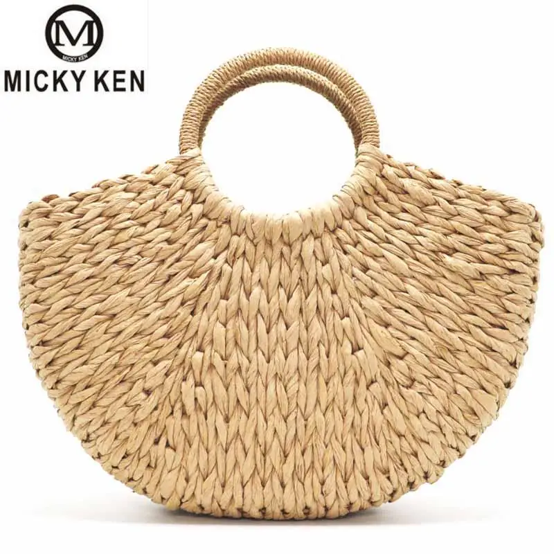 

Micky Ken Handmade Beach Bag Round Straw Totes Bag Large Bucket Bags Women Natural Basket Handbag High Quality Begie Black Khaki