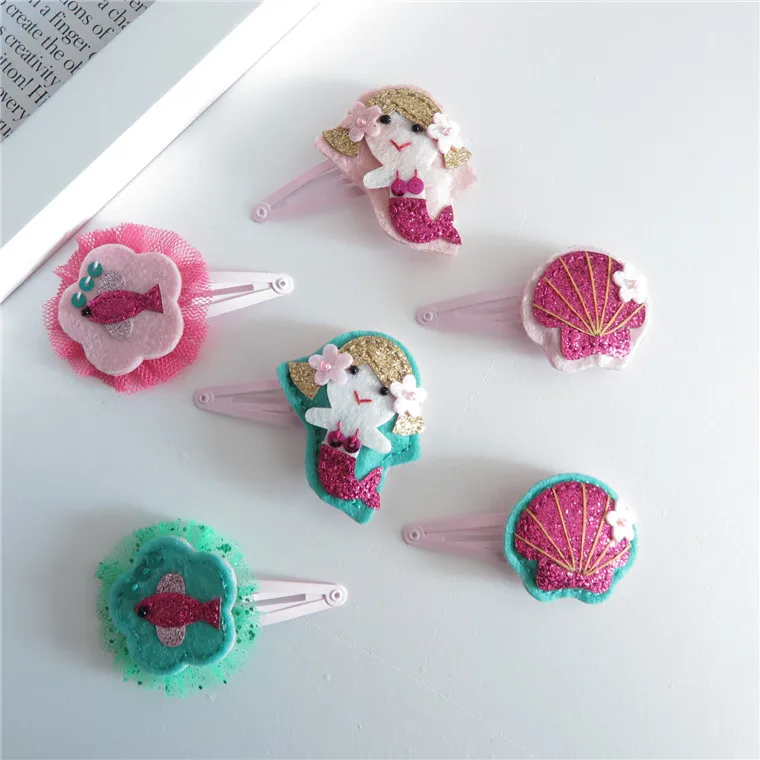 30 pcs/lot, Felt glitter Mermaid Snap Clips, Mesh Flower Fish Hair clip