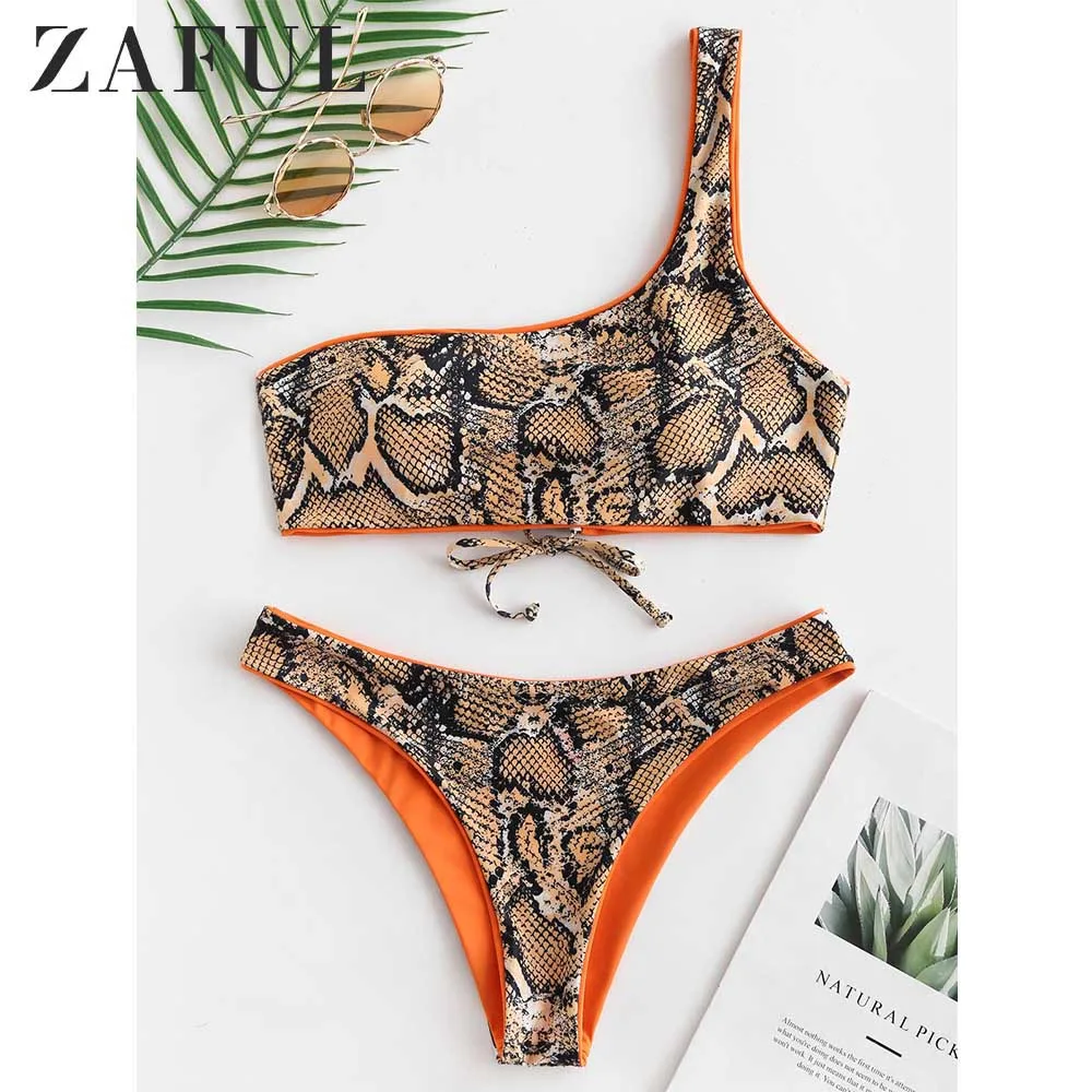 

ZAFUL Reversible Bikini Set Snakeskin Print One Shoulder Two Pieces Sets Women Swimwear Lace Up Swimsuit Sexy Bathing Suit